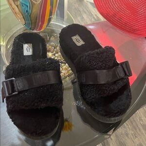 UGG Black Shearling Buckle Slide